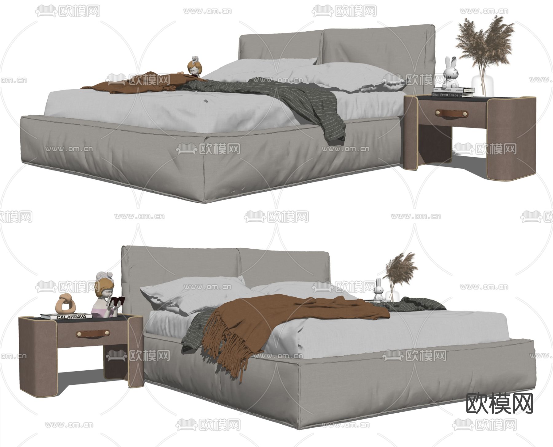现代布艺双人床su模型下载（渲染图2）