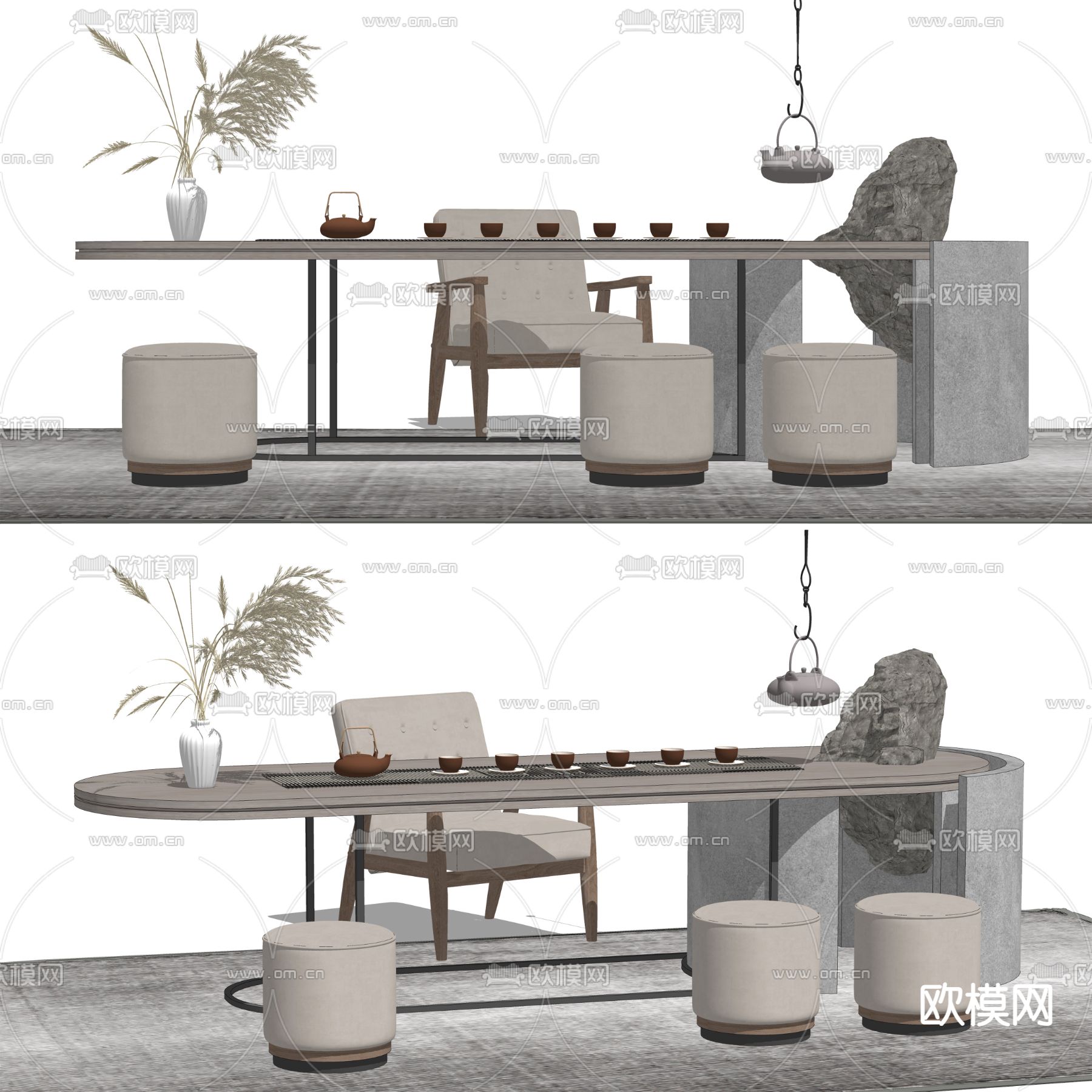 新中式实木茶桌椅su模型