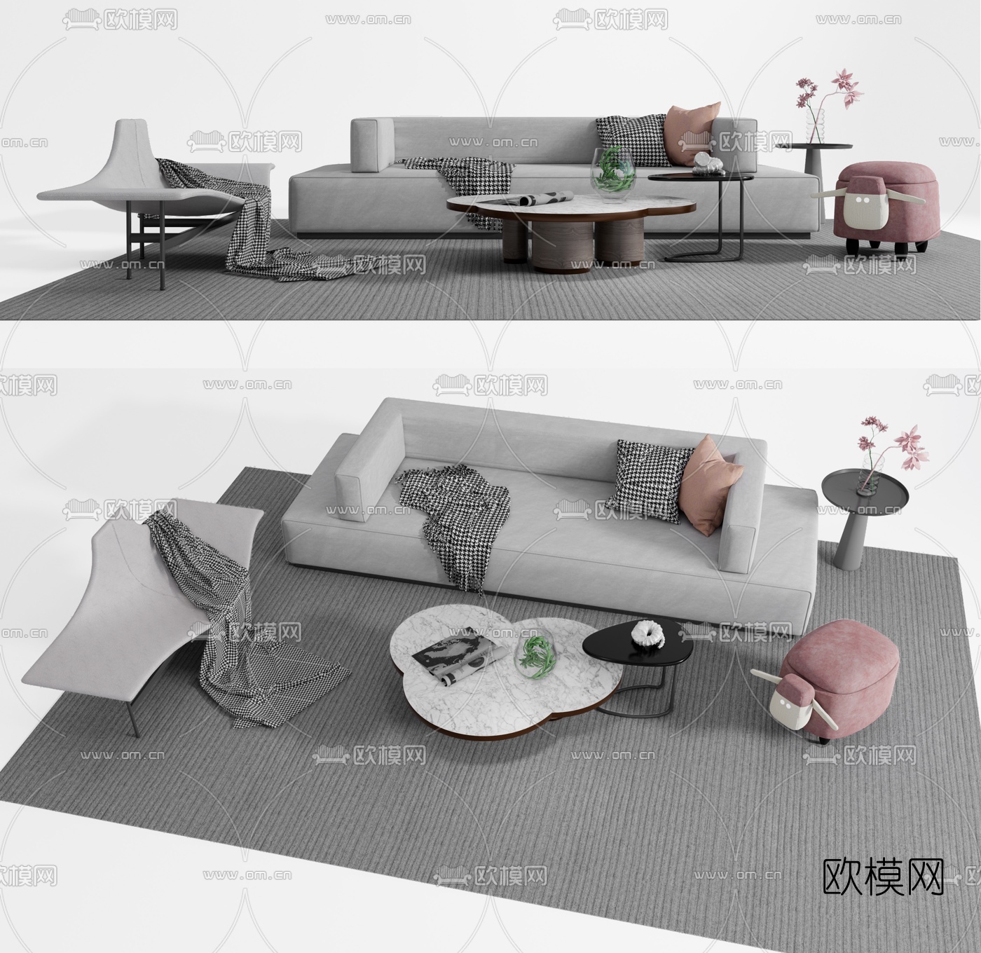 现代布艺沙发组合su模型