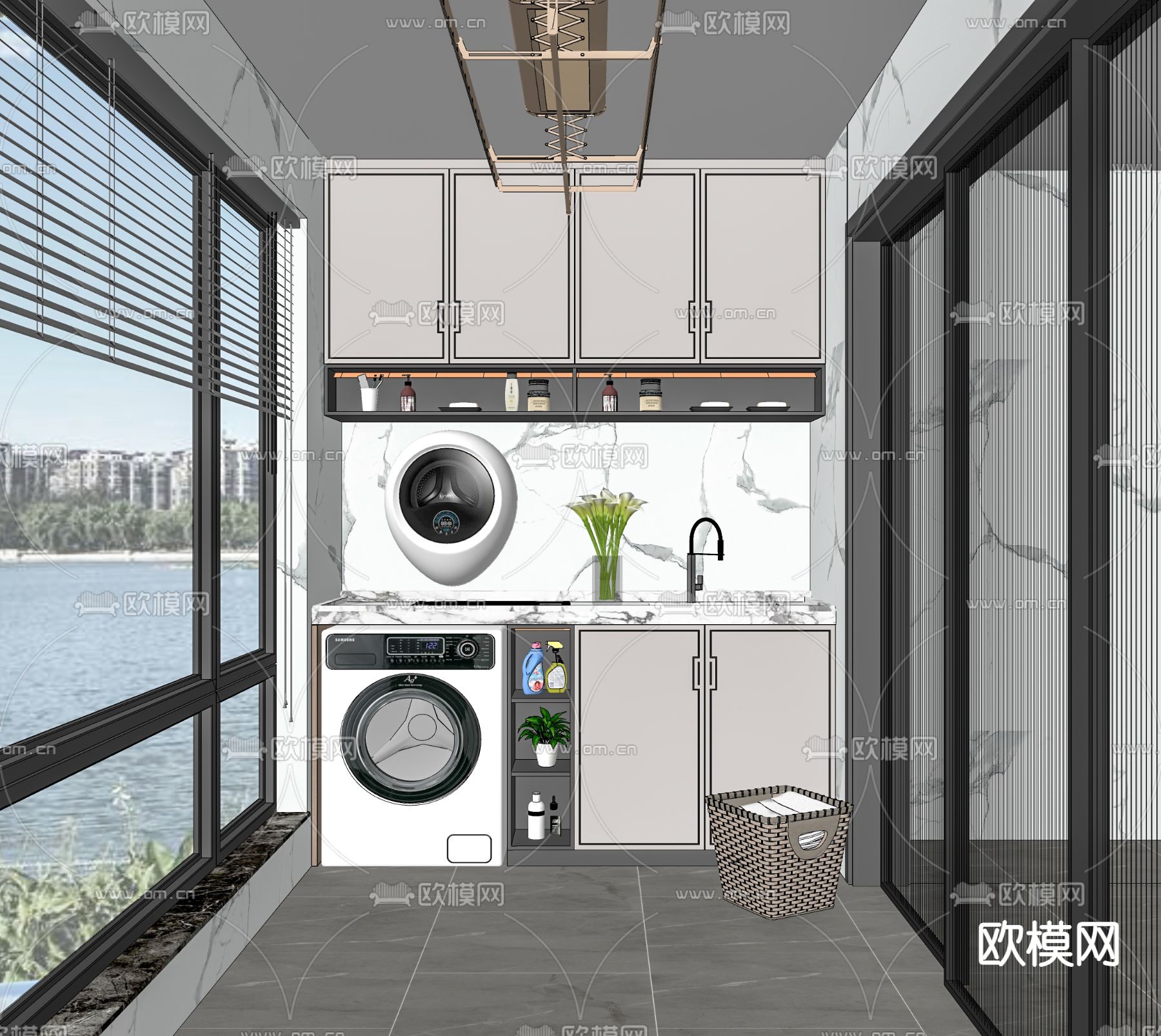新中式阳台洗衣房su模型