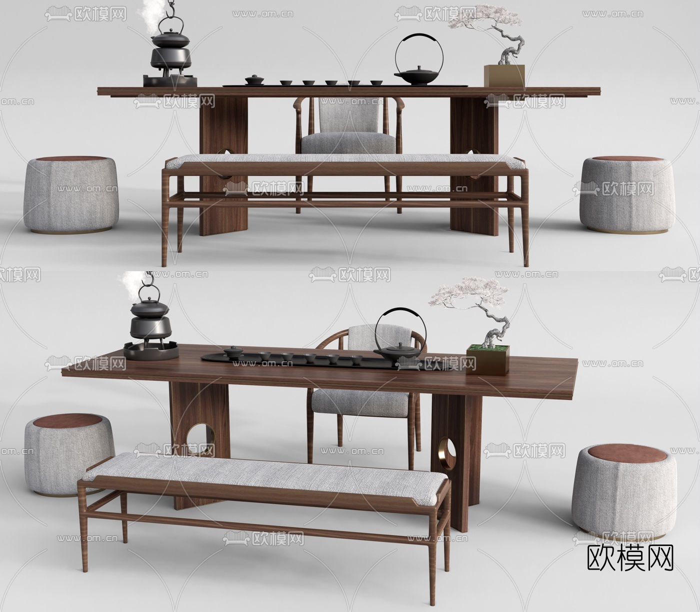 新中式实木茶桌椅su模型下载（渲染图1）