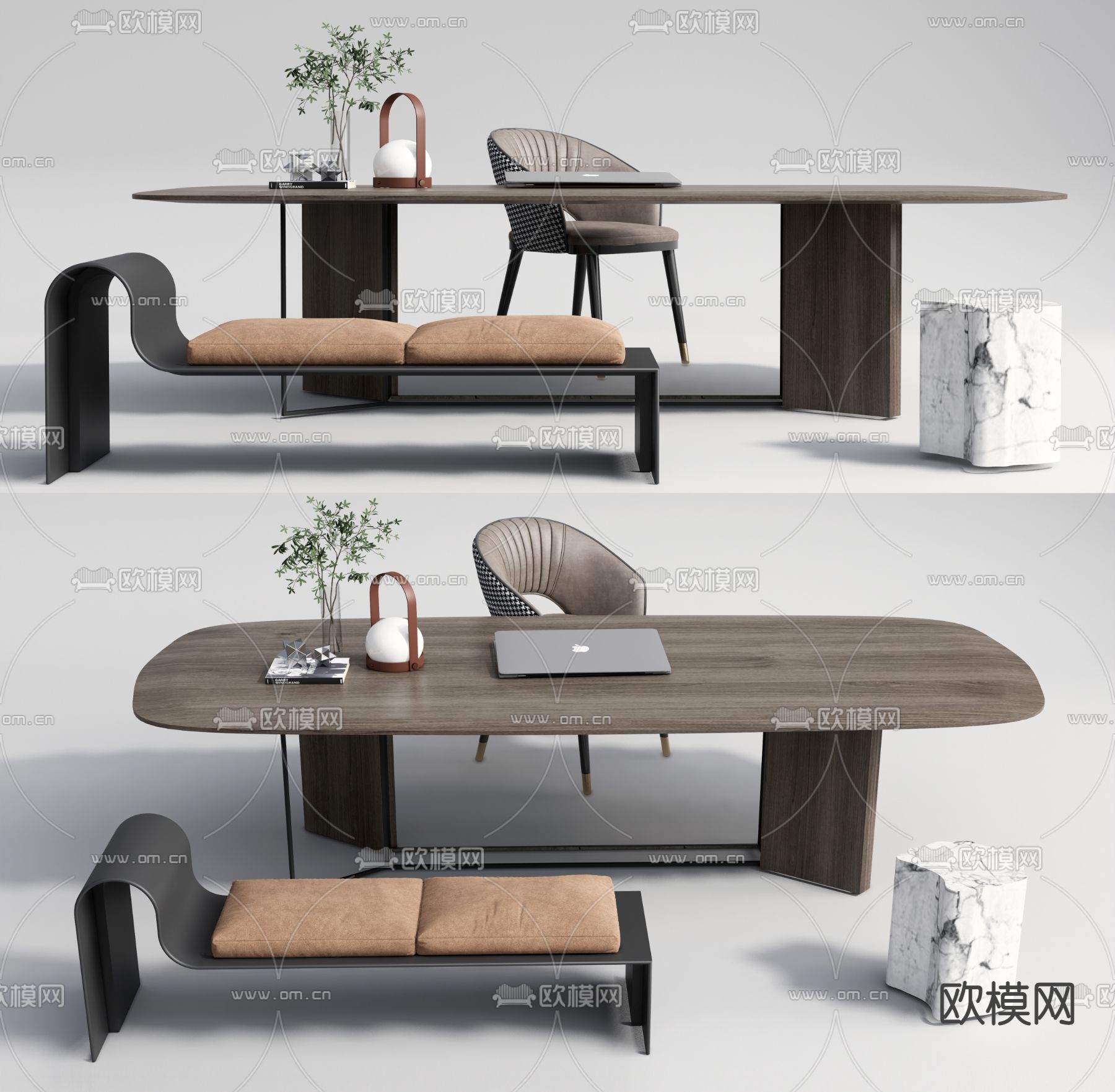 现代实木书桌椅su模型下载（渲染图1）