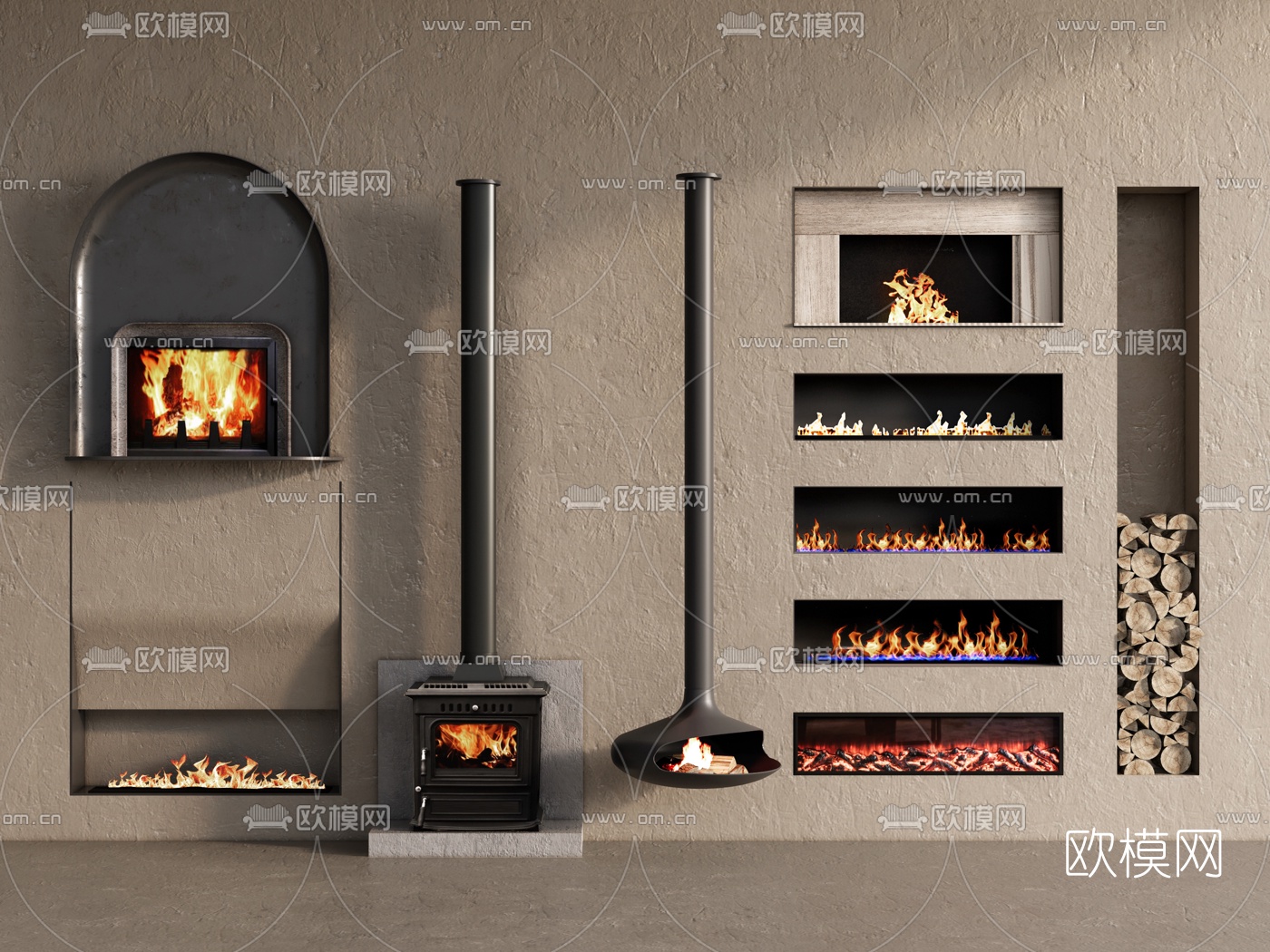 现代电子壁炉su模型