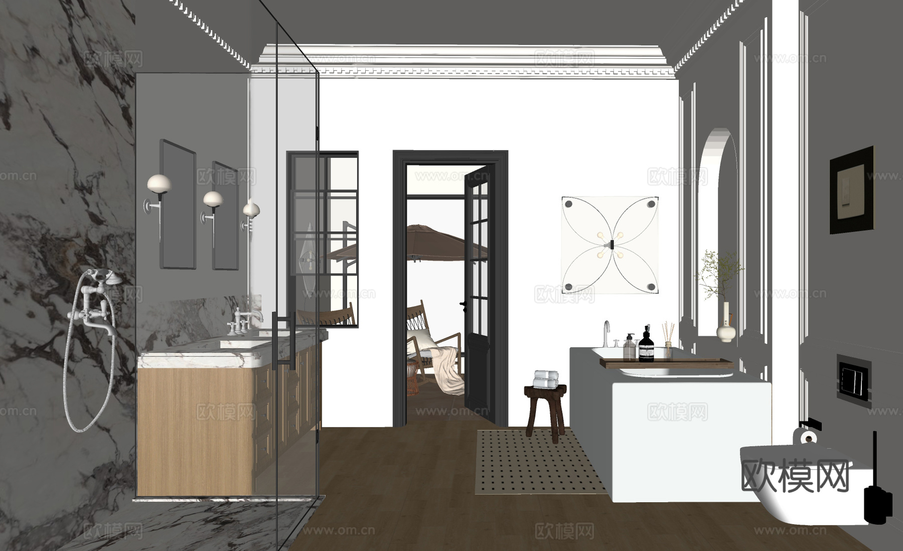简欧卫生间 干湿分离浴室su模型下载（渲染图1）
