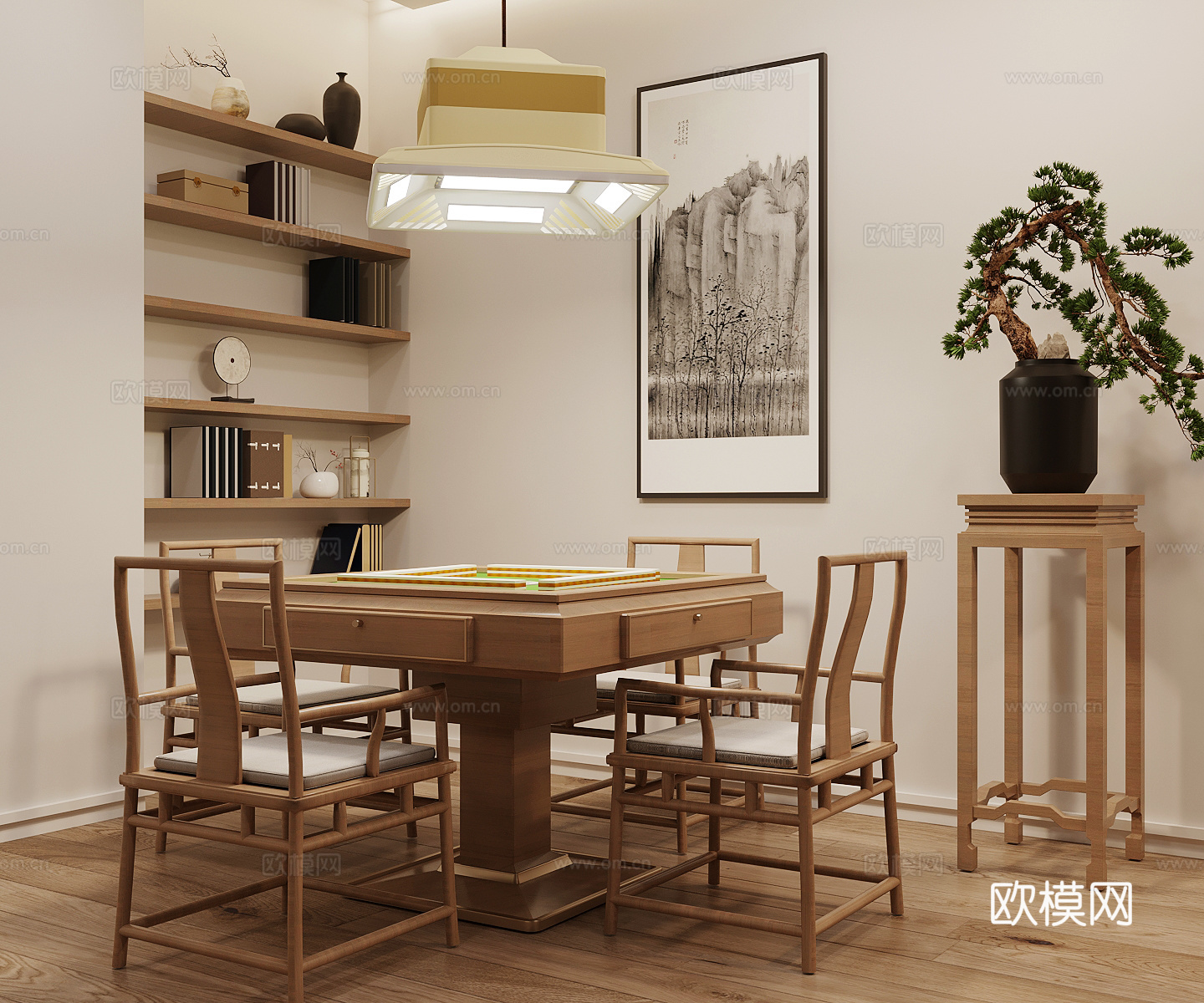 新中式棋牌室 麻将桌椅su模型下载（渲染图2）