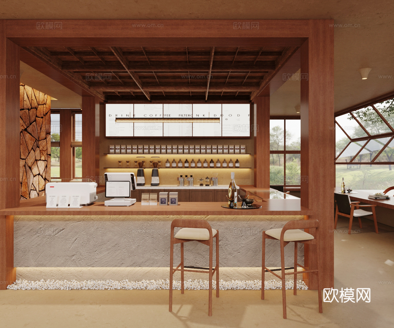 原木风咖啡厅su模型下载（渲染图2）