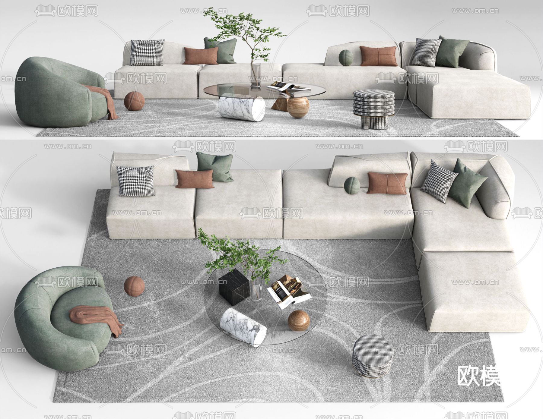 现代布艺转角沙发su模型下载（渲染图1）