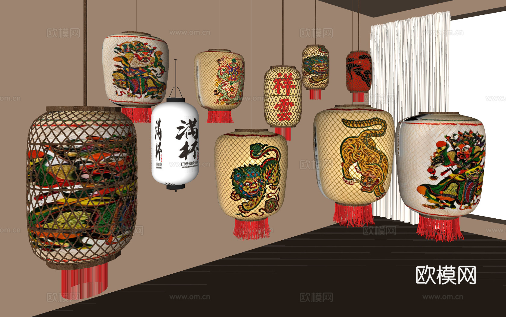 新中式禅意灯笼 潮汕风俗灯笼su模型下载（渲染图1）