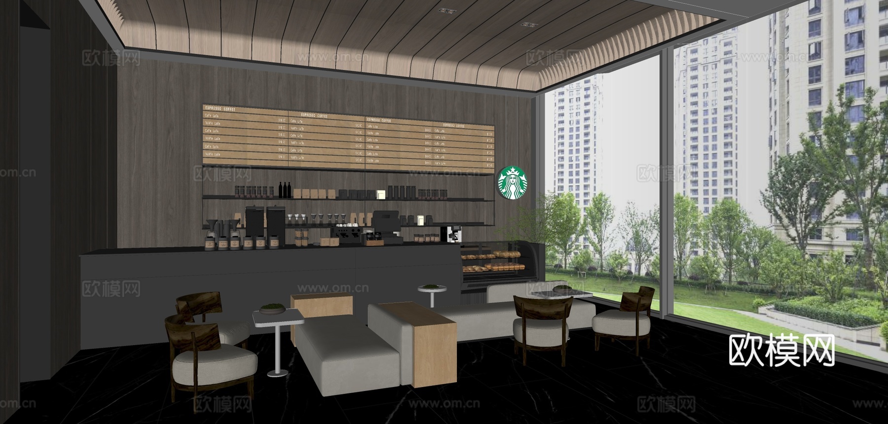 原木风咖啡厅su模型下载（渲染图1）