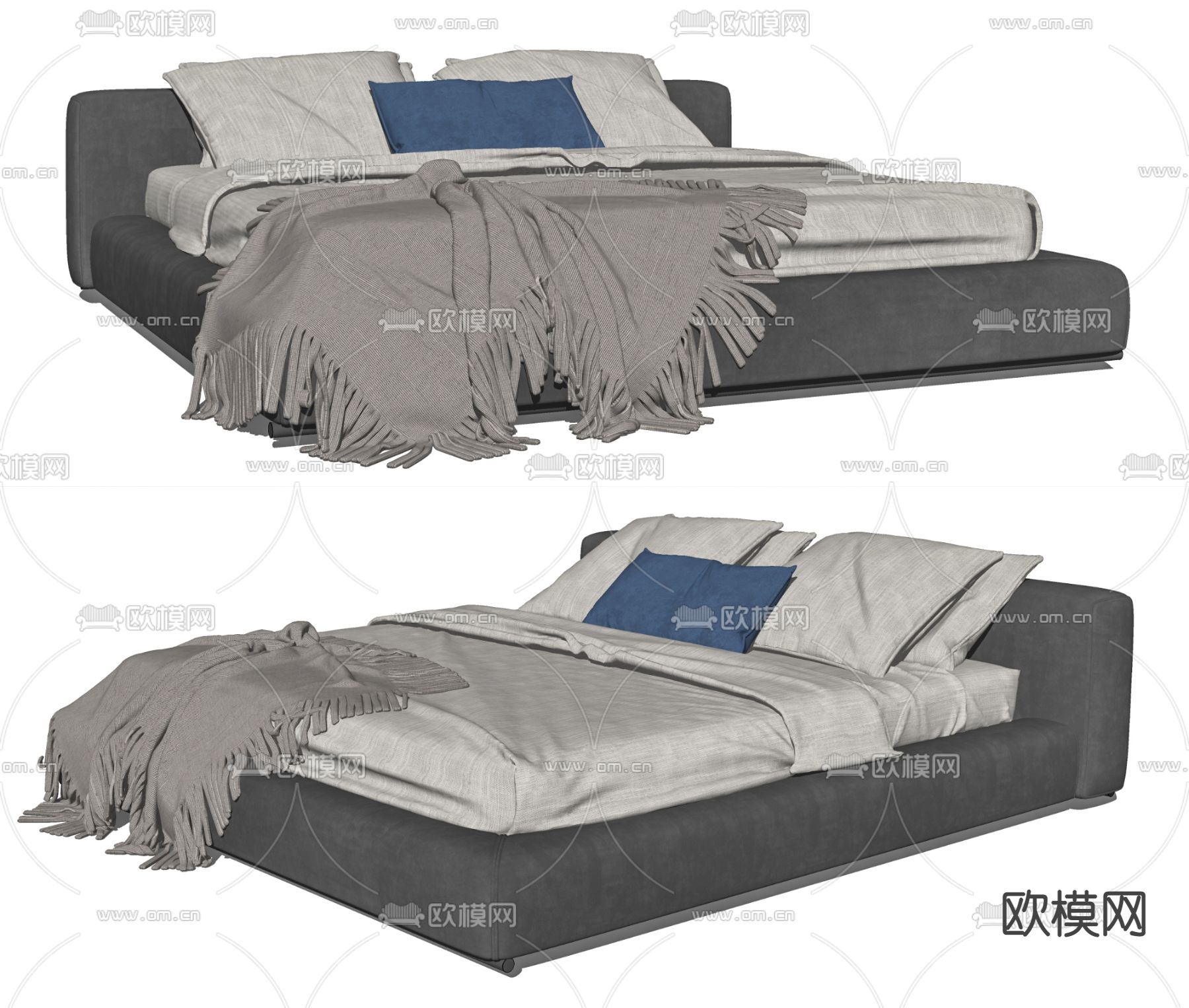 Flexform 现代灰色双人床su模型下载（渲染图2）