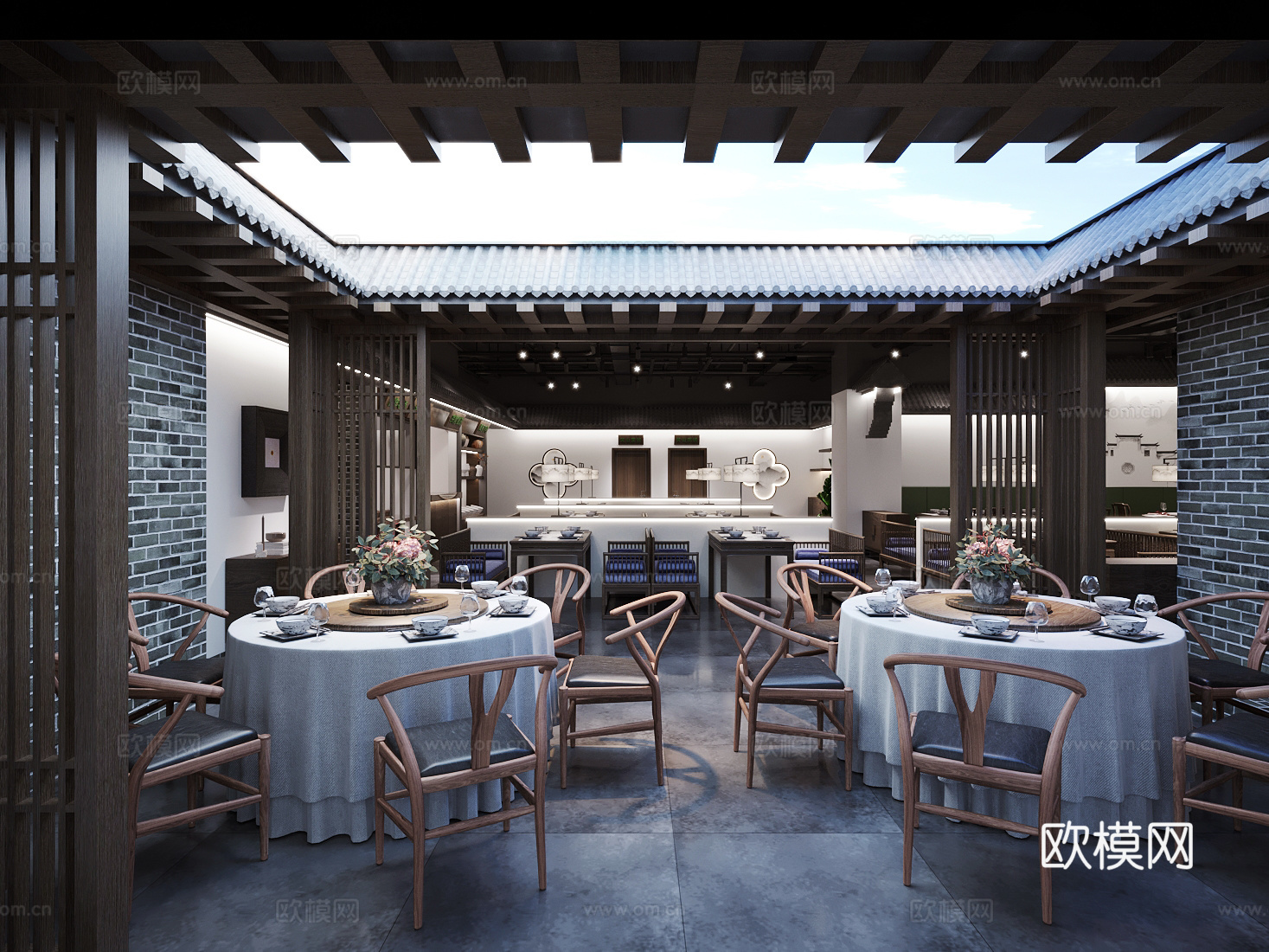 新中式中餐厅su模型下载（渲染图2）