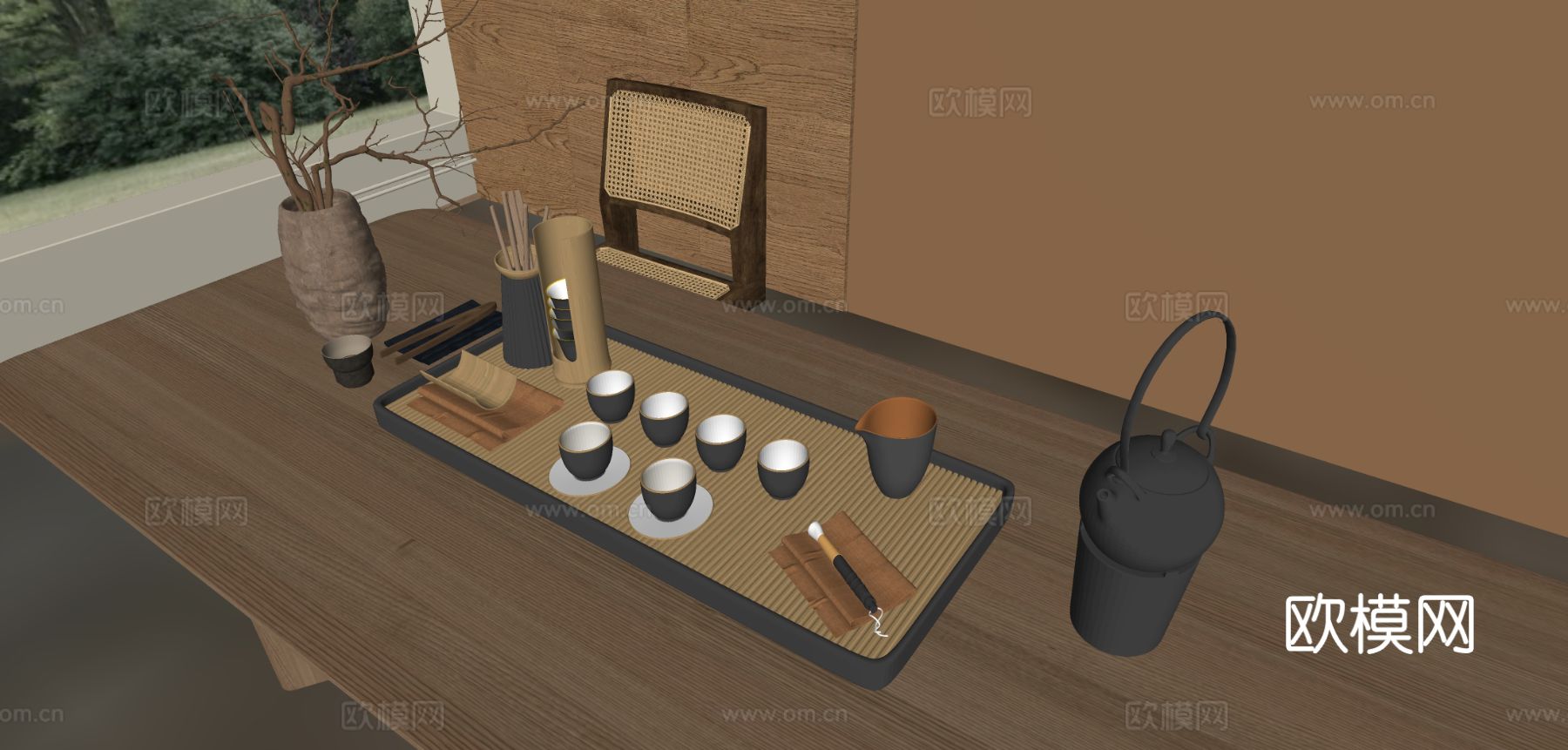 新中式茶具 茶壶 烧水壶 公道杯su模型下载（渲染图1）