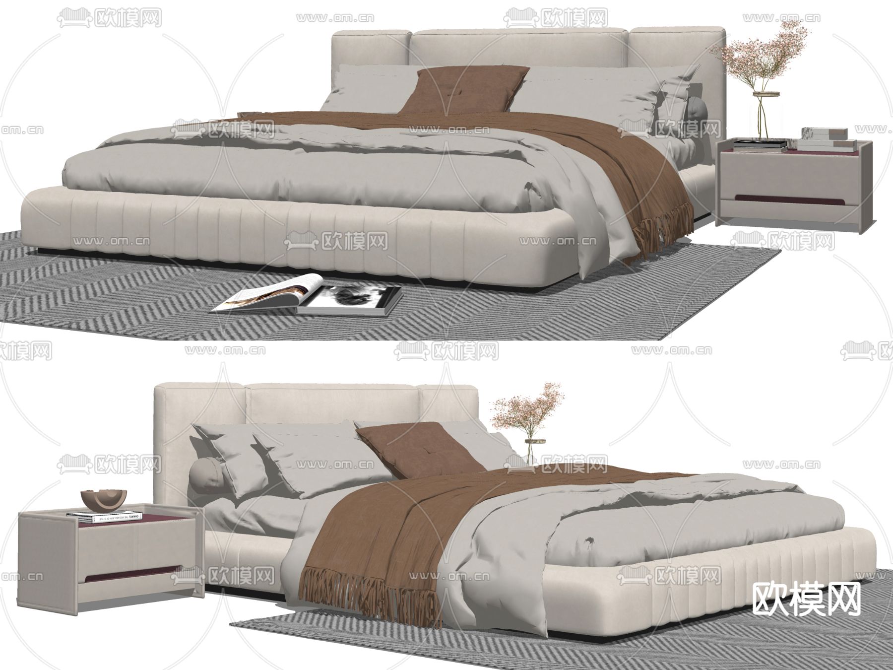 现代布艺双人床su模型下载（渲染图2）