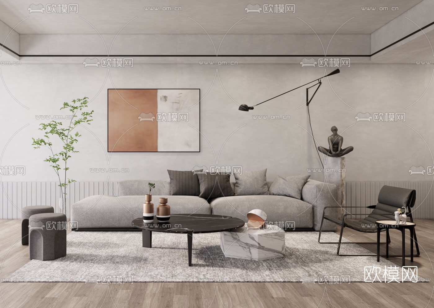 现代布艺组合沙发su模型