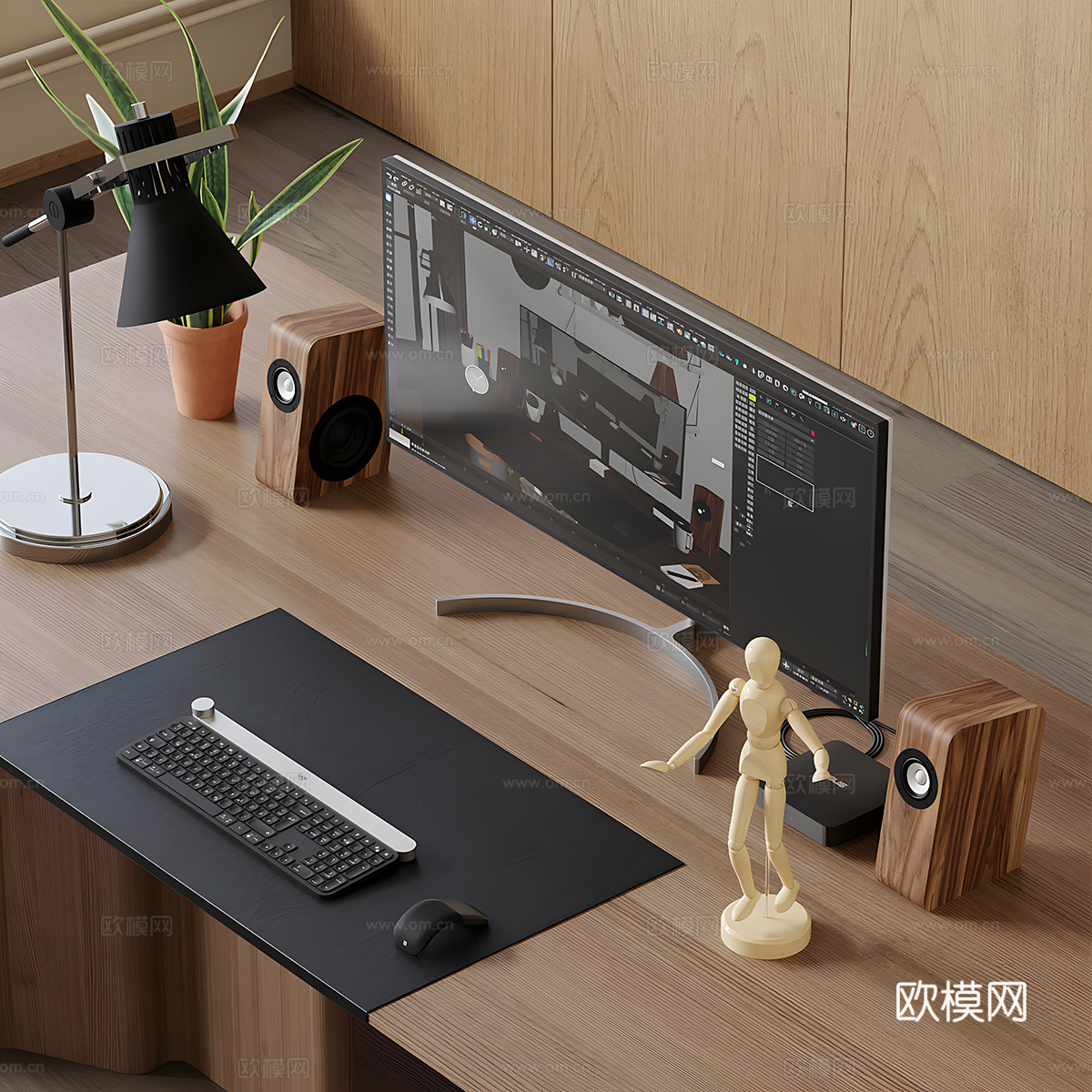 台式电脑 书房电脑 显示器 键盘 鼠标 咖啡 花瓶 台灯su模型下载（渲染图1）