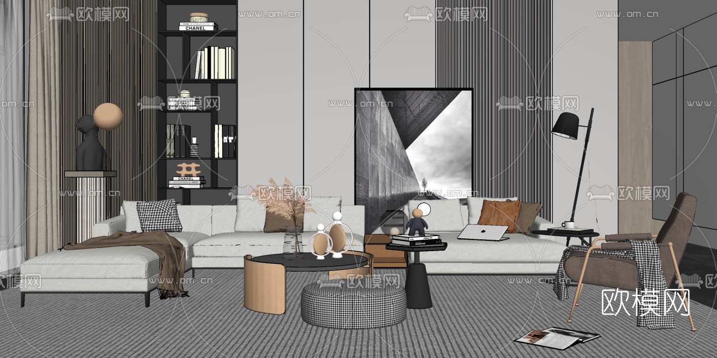 现代布艺组合沙发su模型下载（渲染图2）