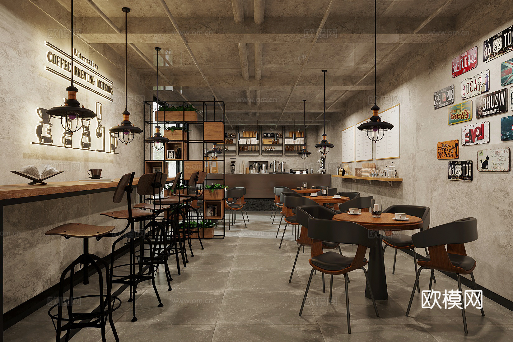 工业风咖啡厅3d模型下载