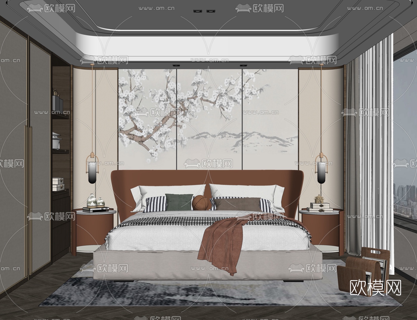 新中式卧室su模型下载（渲染图2）