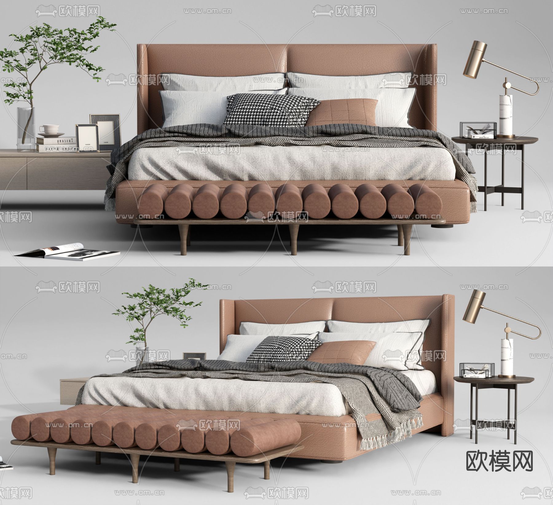 现代皮革双人床su模型下载（渲染图1）