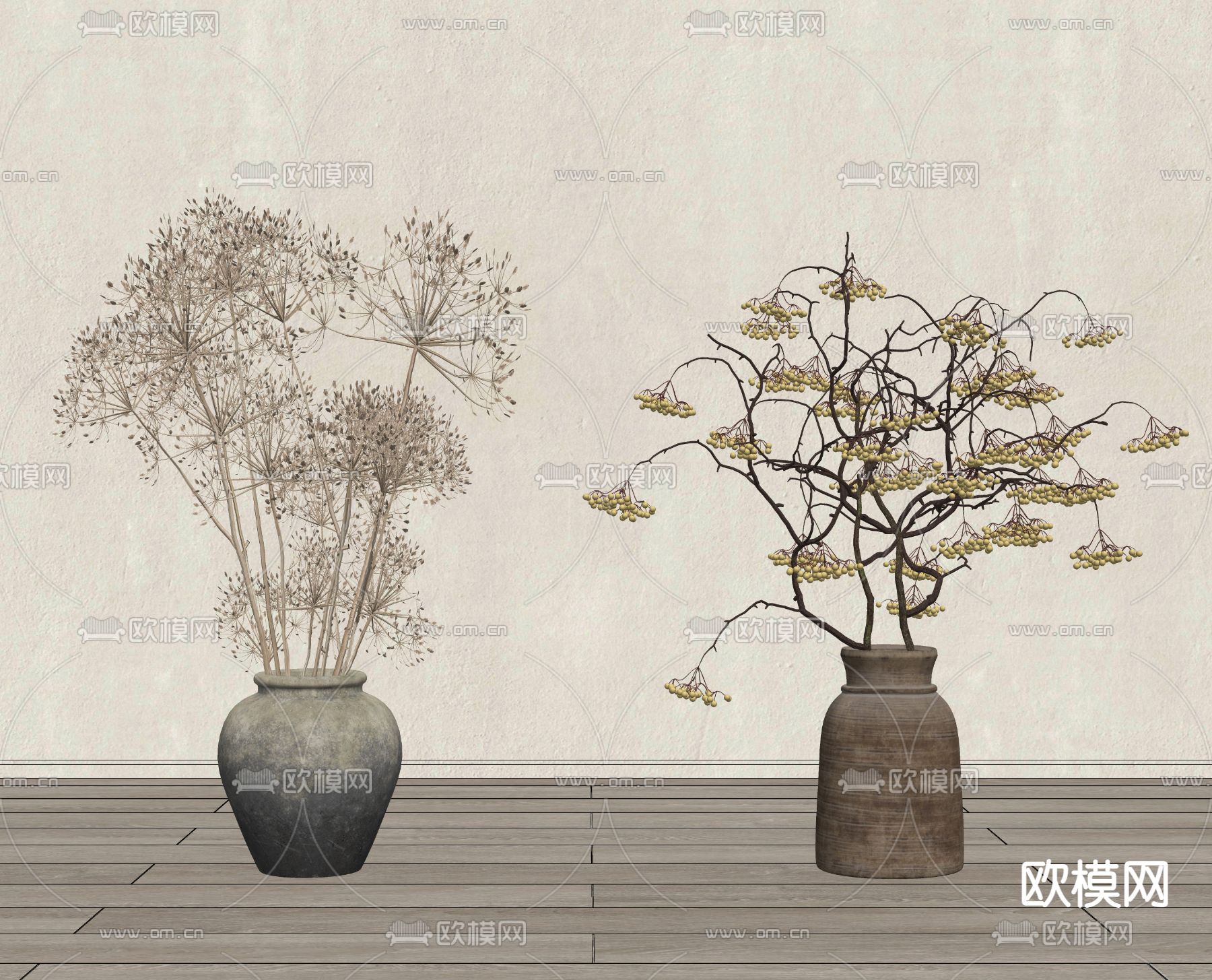 侘寂风干枝陶罐 花瓶花艺su模型下载（渲染图2）
