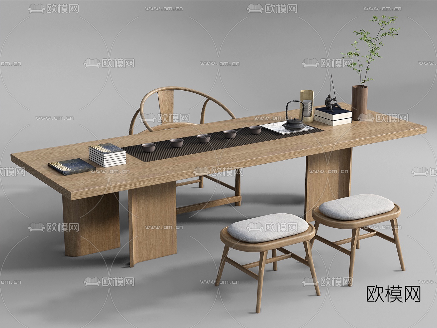 新中式实木茶桌椅su模型