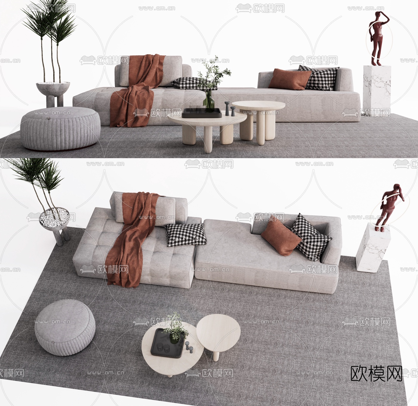 北欧布艺沙发组合su模型下载（渲染图1）