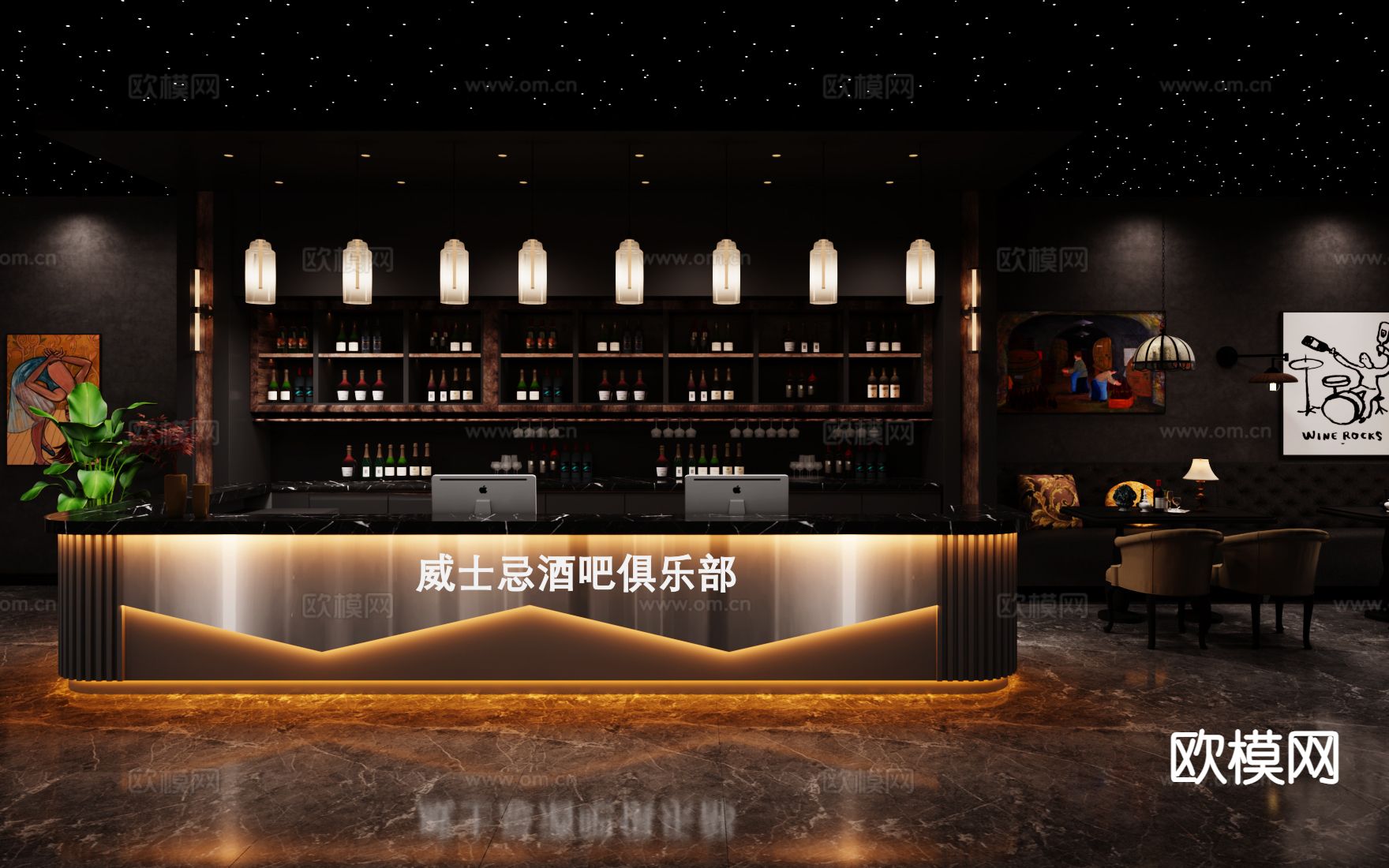 新古典酒吧 清吧su模型下载（渲染图4）