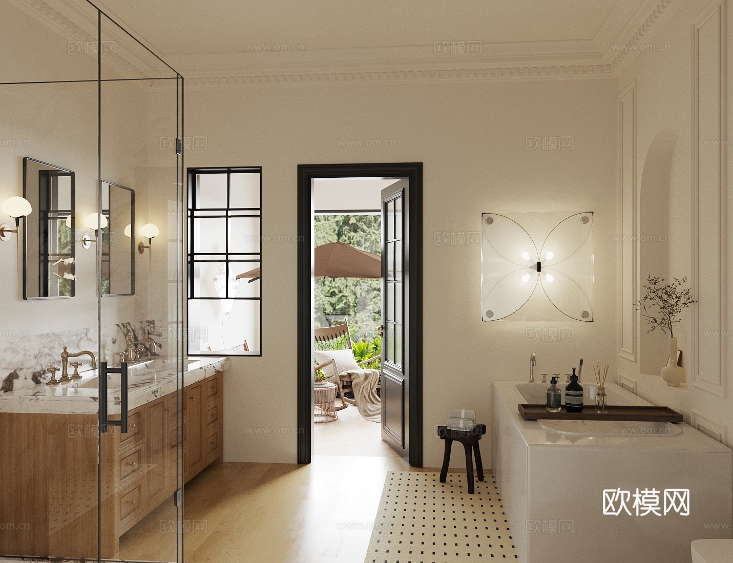 简欧卫生间 干湿分离浴室su模型下载（渲染图2）