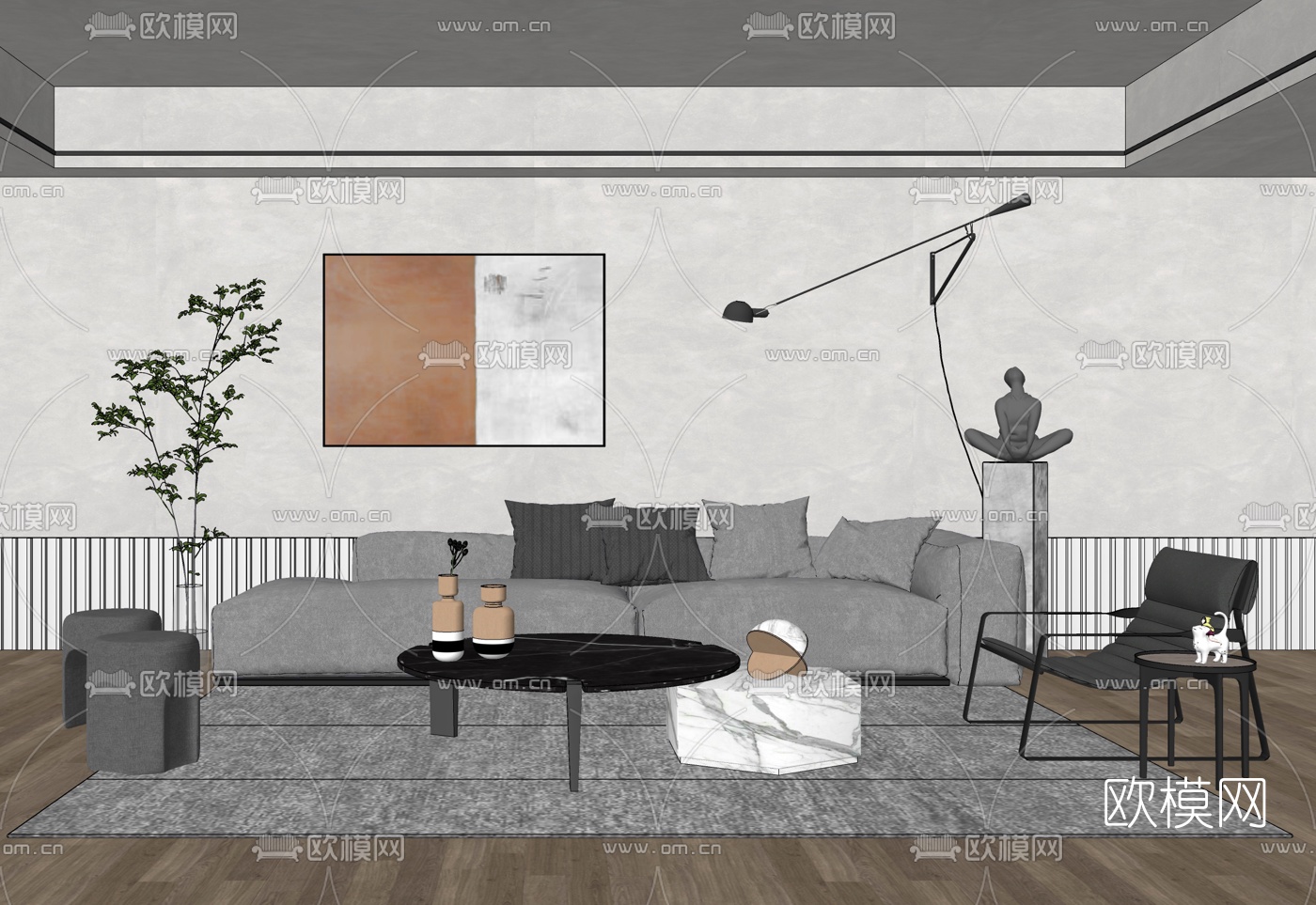 现代布艺组合沙发su模型