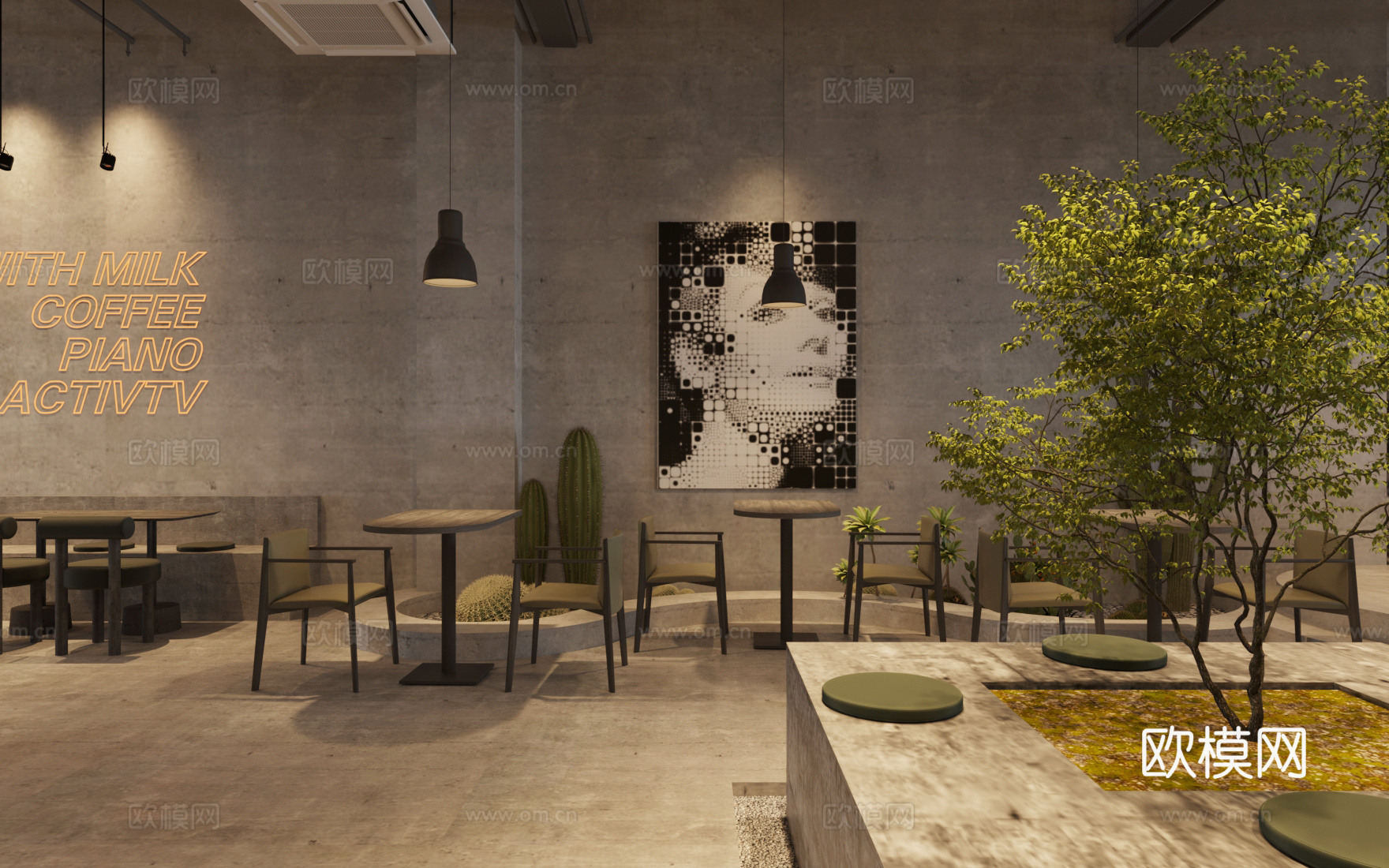 工业风咖啡厅 工业风奶茶店 咖啡桌椅 奶茶店桌椅 咖啡店中心su模型下载（渲染图2）