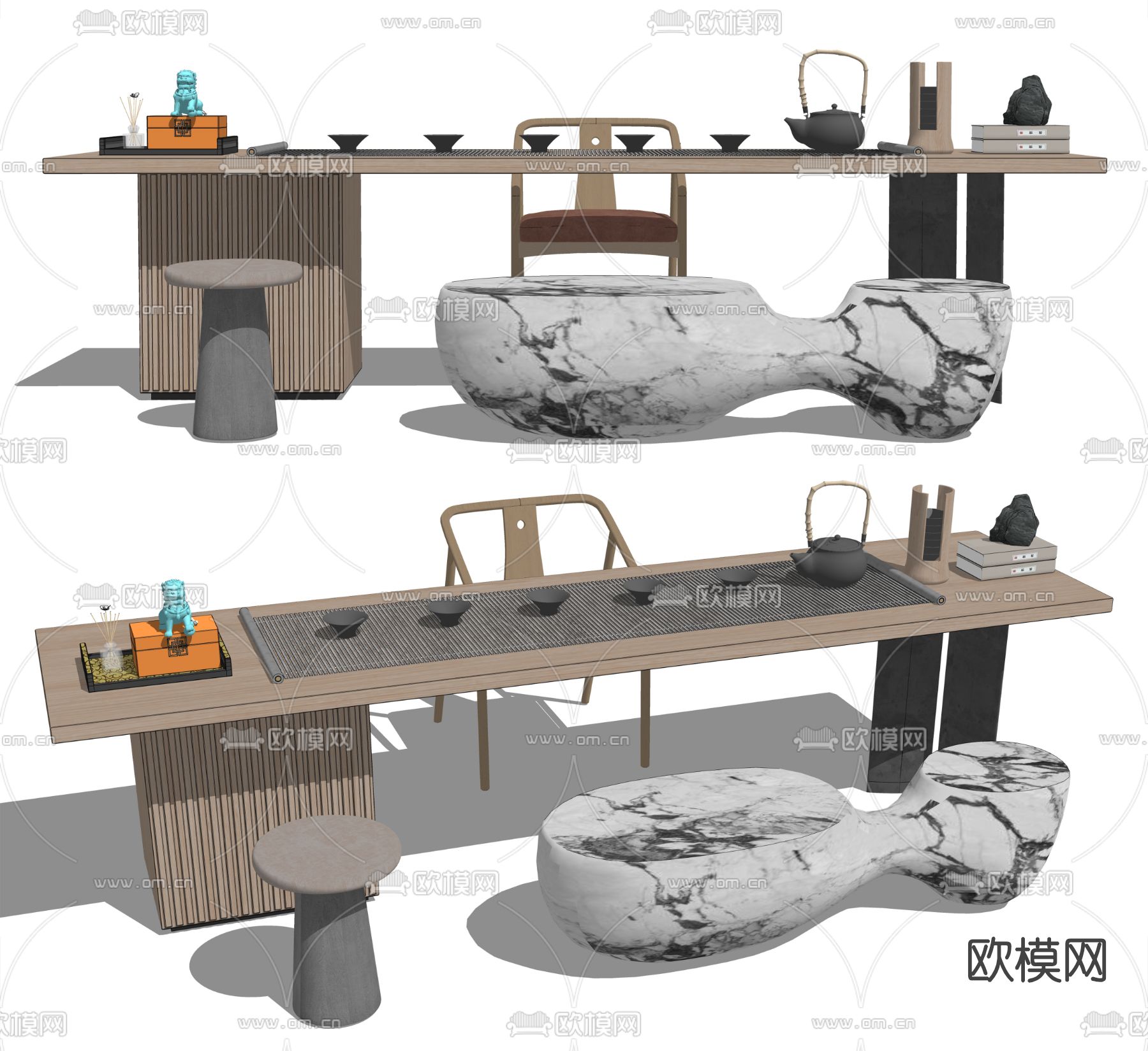 新中式实木茶桌椅su模型