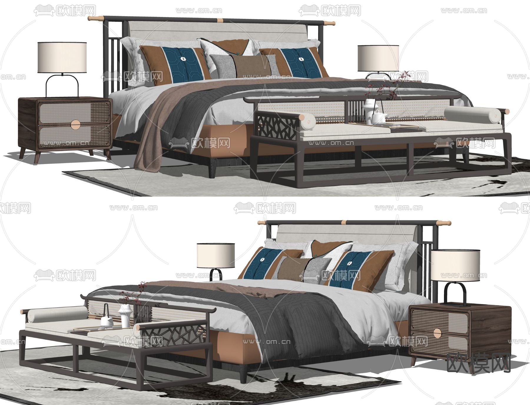 新中式双人床su模型下载（渲染图2）