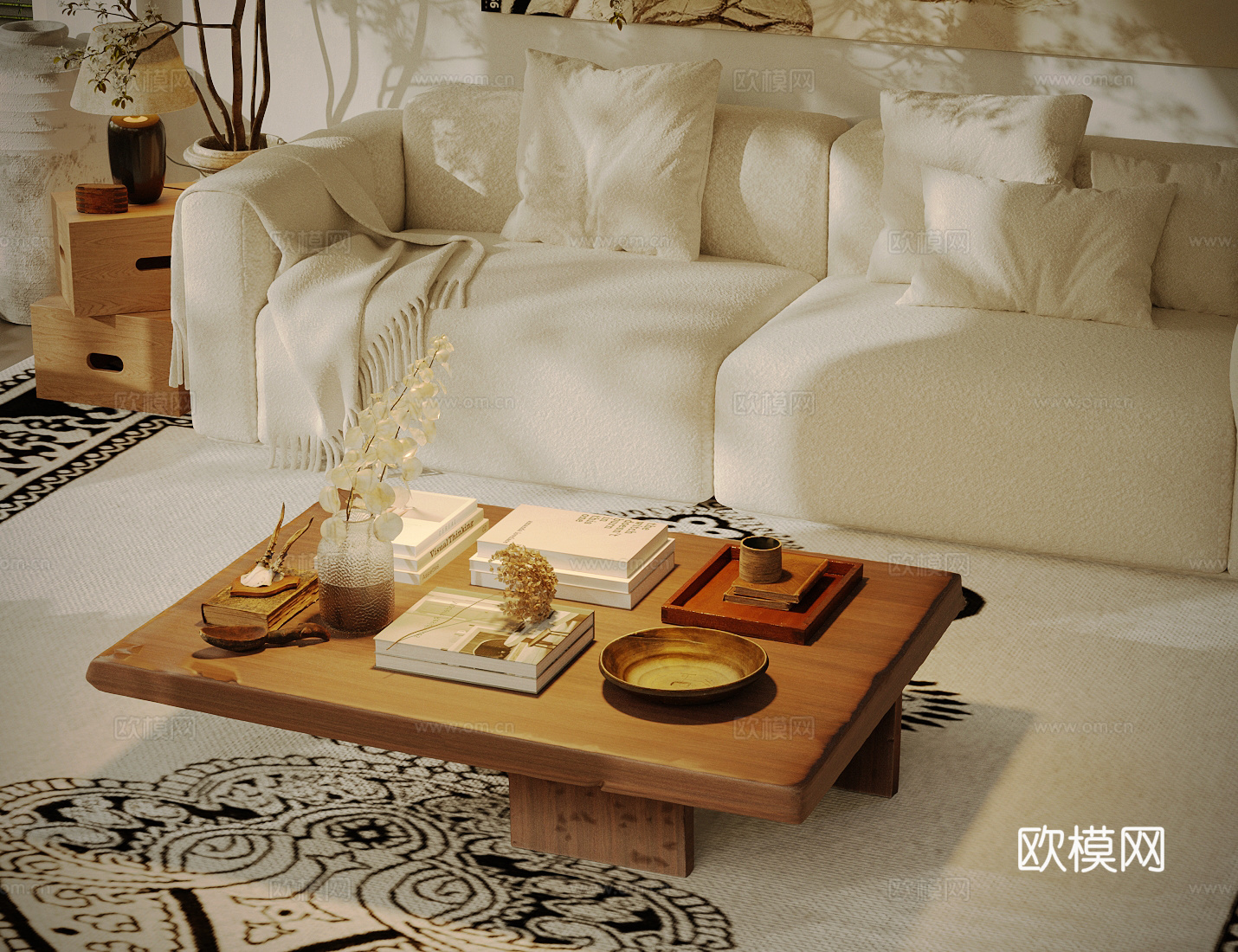 中古风茶几 原木风茶几 中古风摆件组合 多人沙发 边几 盆栽su模型