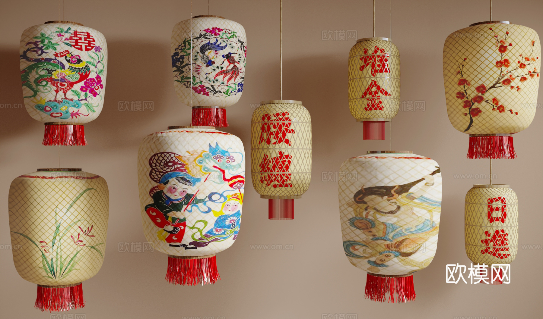 新中式装饰灯 油纸灯笼su模型下载（渲染图2）