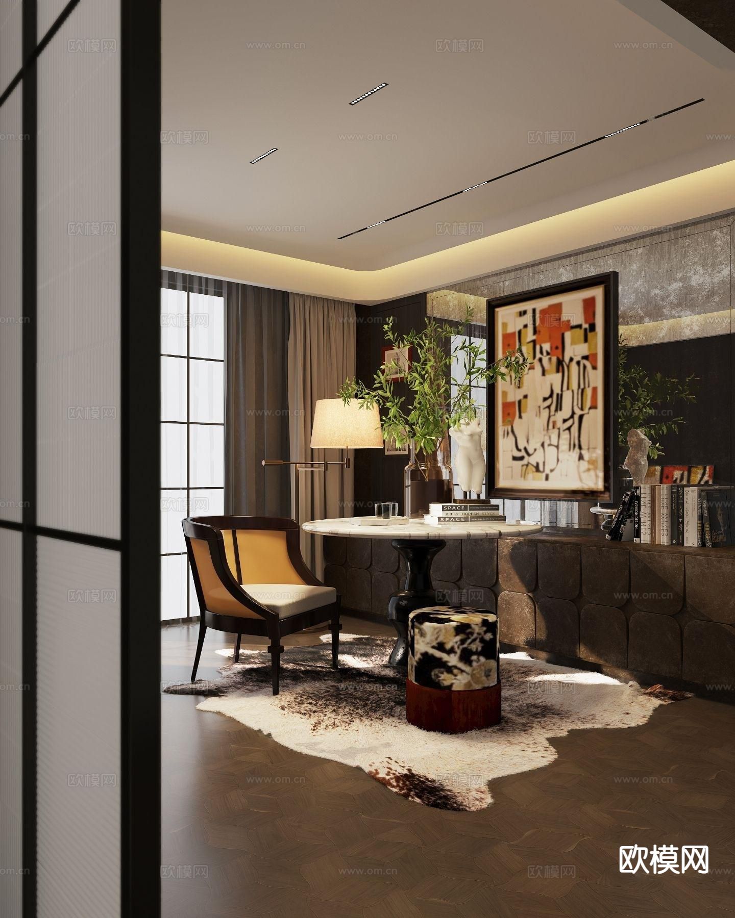 美式复古书房su模型下载（渲染图2）