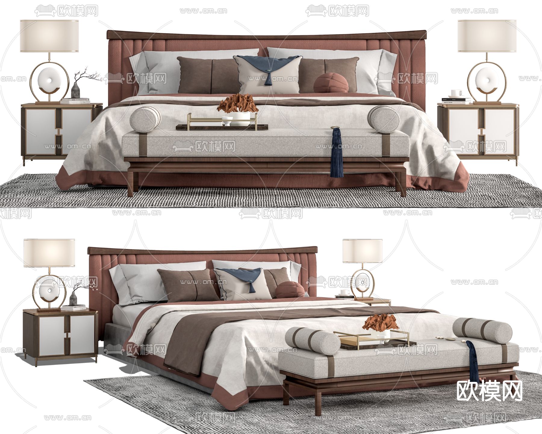 新中式布艺双人床su模型