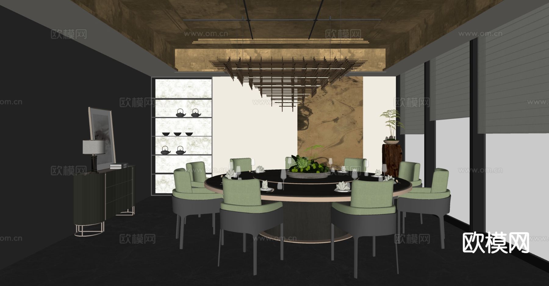 新中式包厢 包房su模型下载（渲染图1）