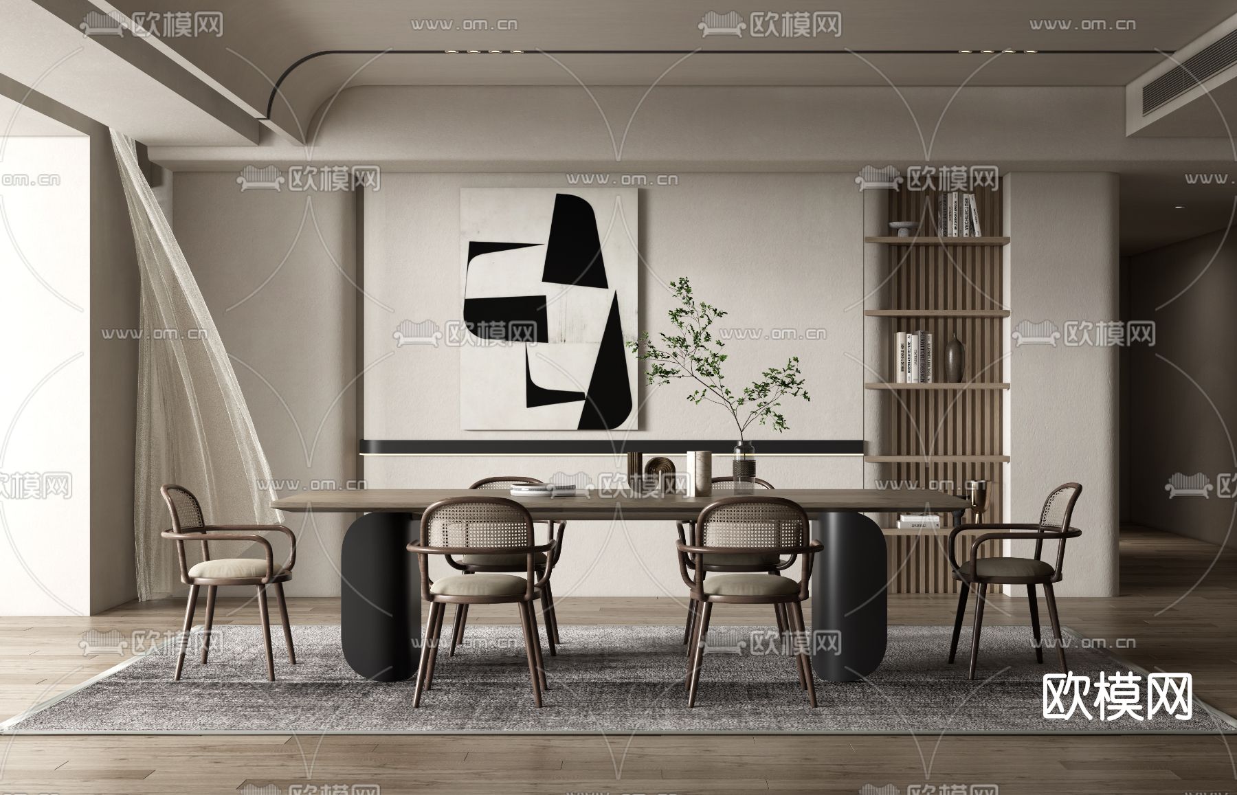 侘寂风实木餐桌椅su模型