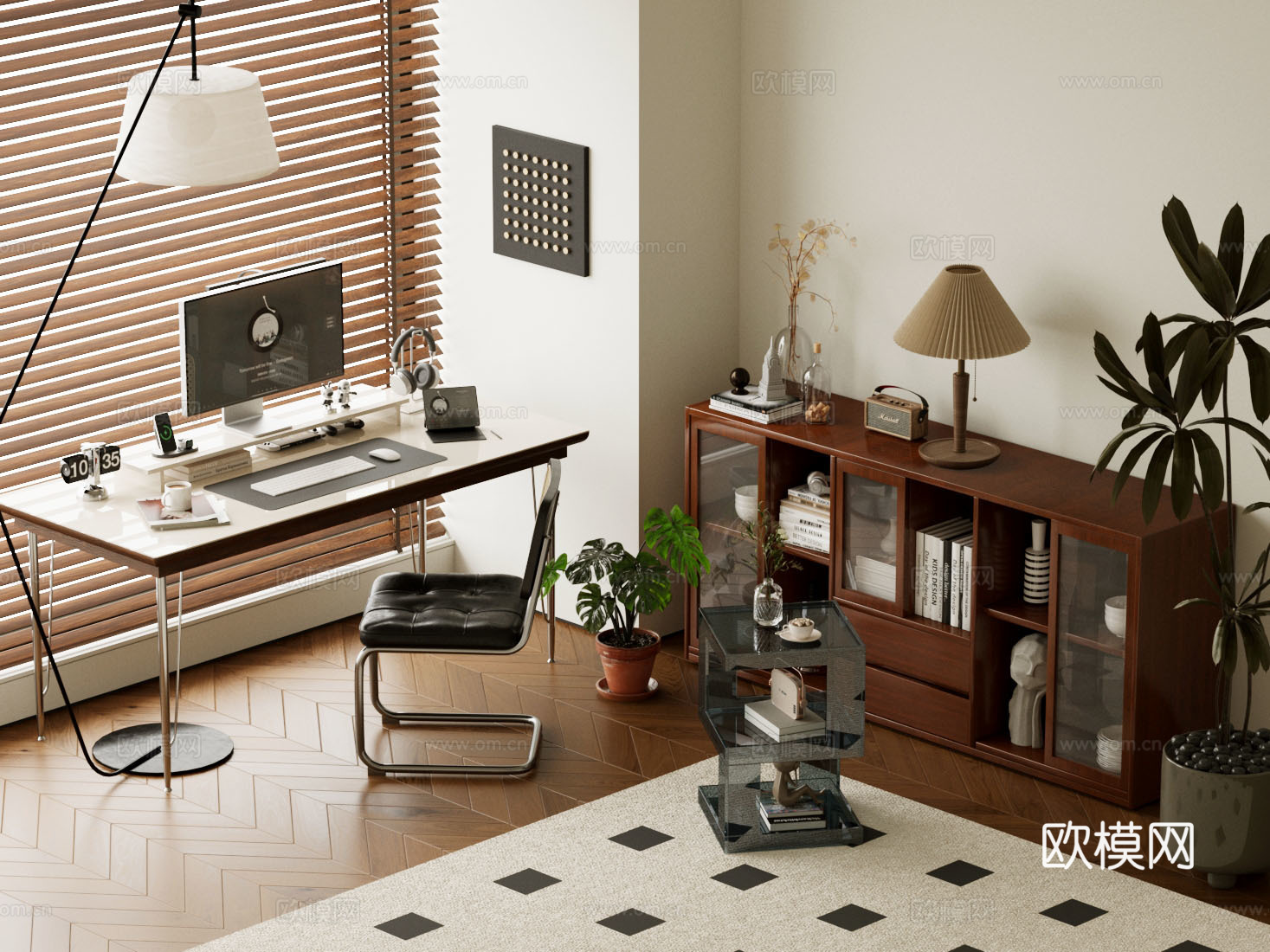 中古书房 装饰柜书柜 书桌椅组合 落地灯 绿植摆件su模型下载（渲染图1）