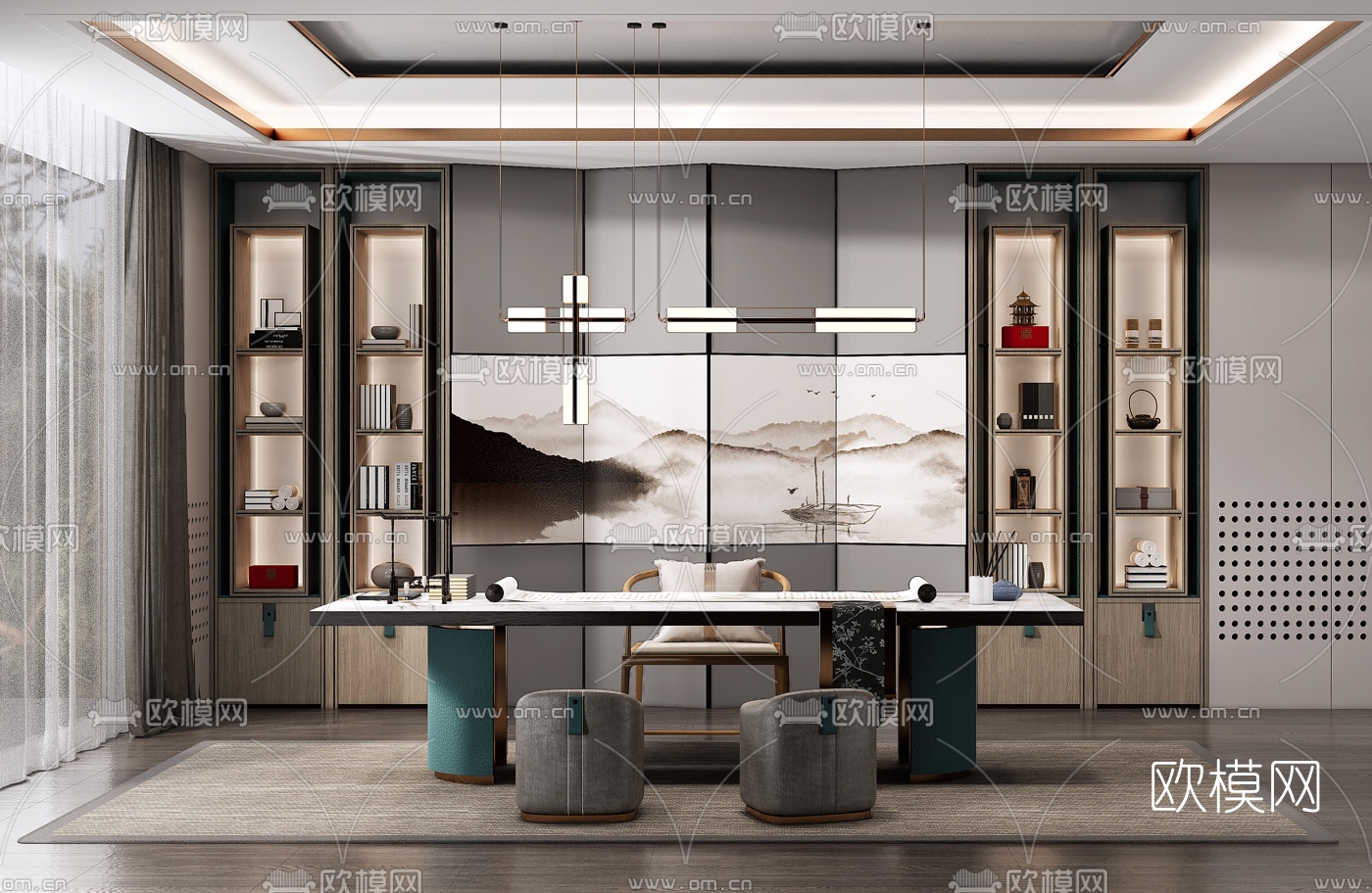 新中式书房su模型下载（渲染图1）