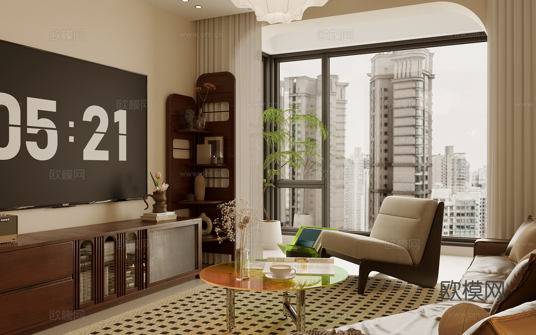 中古风客厅 横厅客厅 小户型客厅 沙发茶几组合 复古风客厅su模型