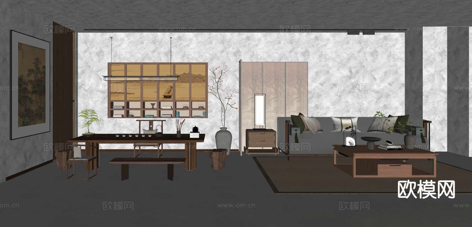 新中式茶室su模型下载（渲染图1）