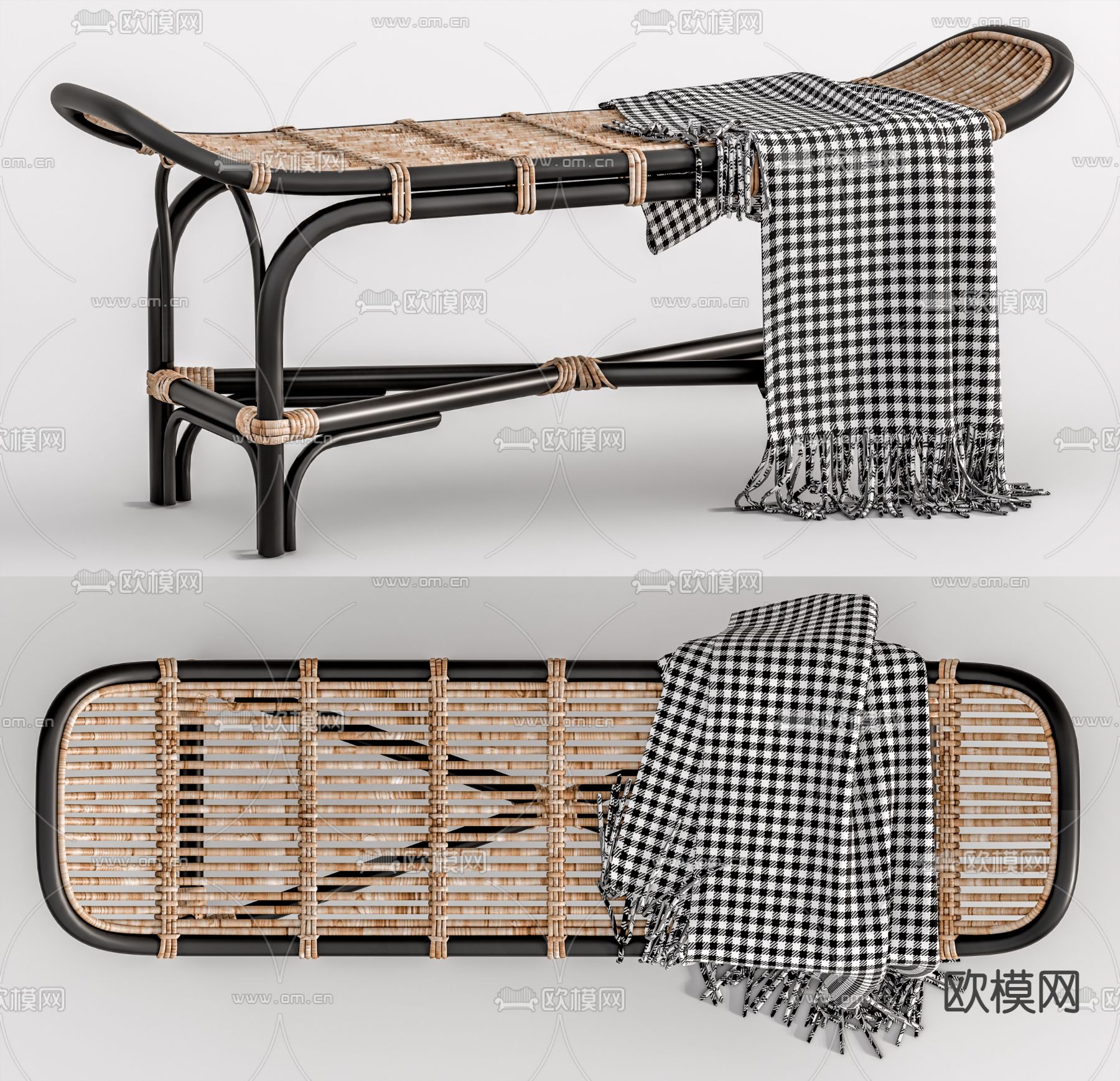 侘寂藤编床尾凳su模型下载（渲染图1）