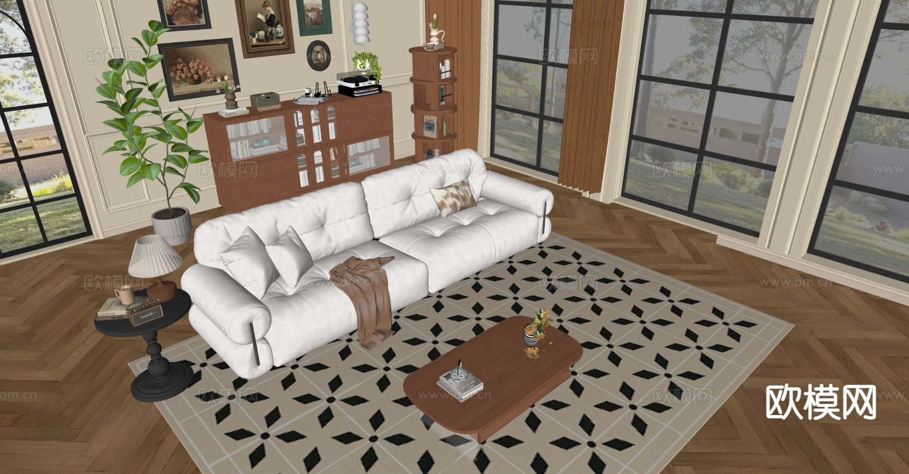 中古风组合沙发su模型下载（渲染图1）