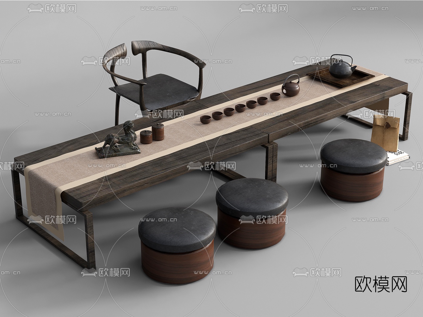 新中式实木茶桌椅su模型下载（渲染图1）