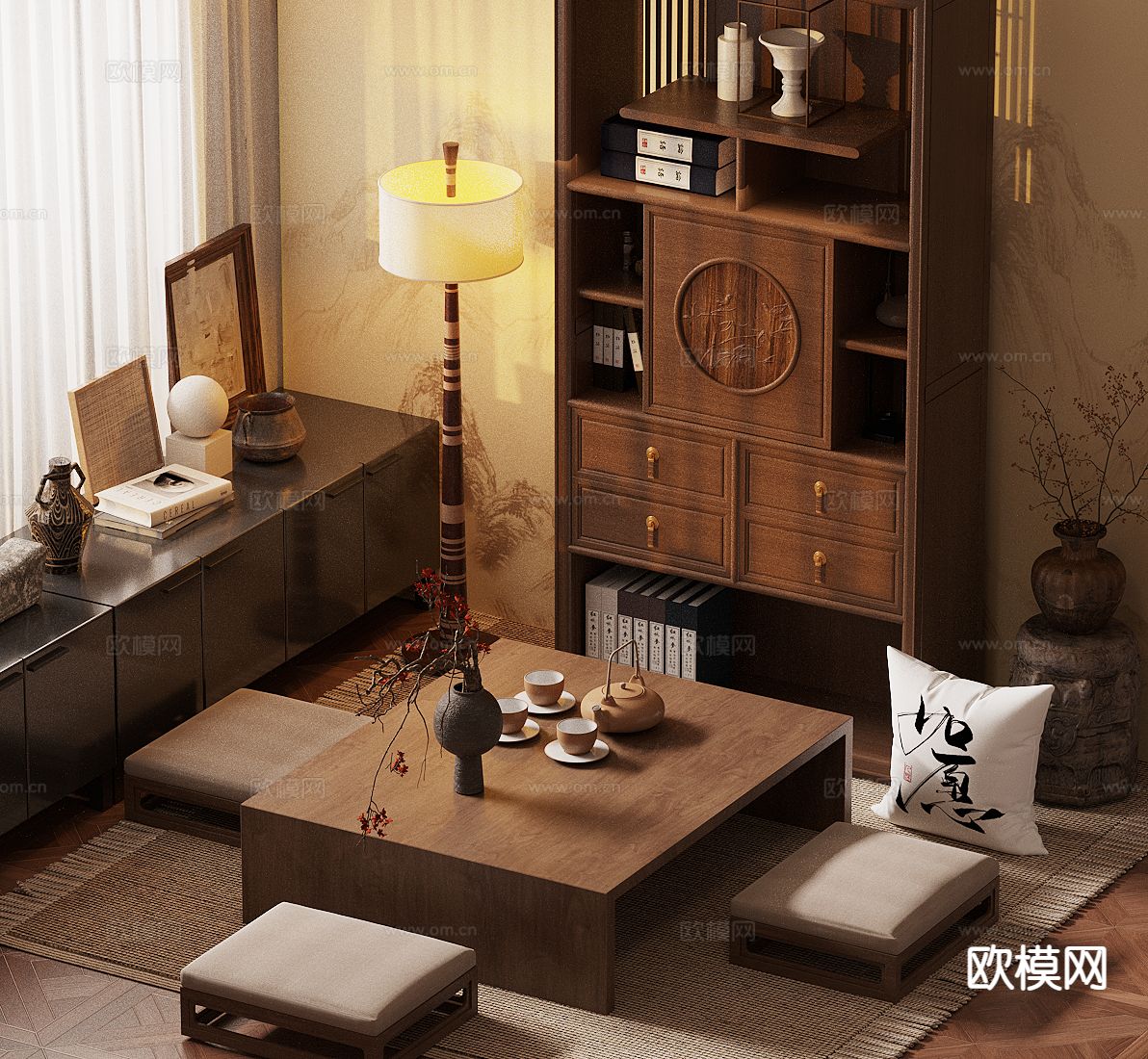 新中式榻榻米茶桌3d模型下载