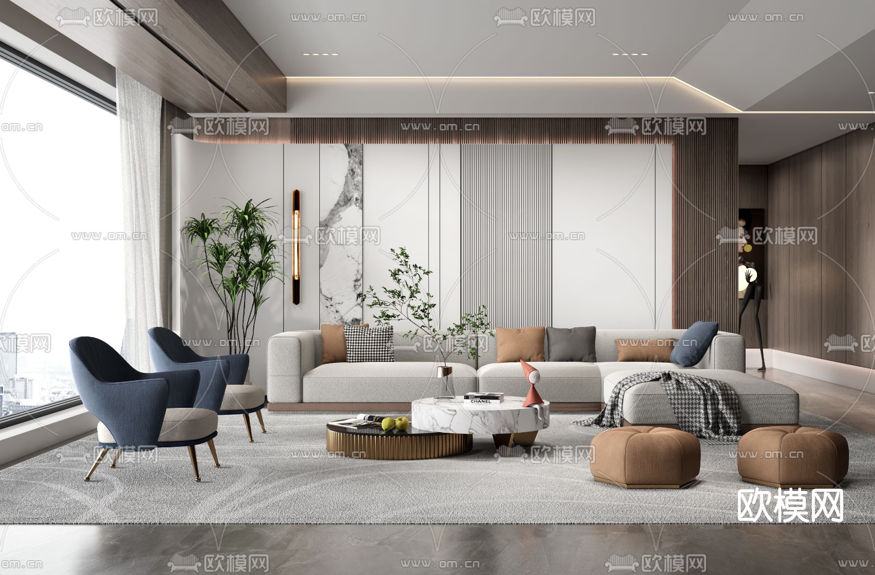 现代转角沙发组合su模型下载（渲染图1）