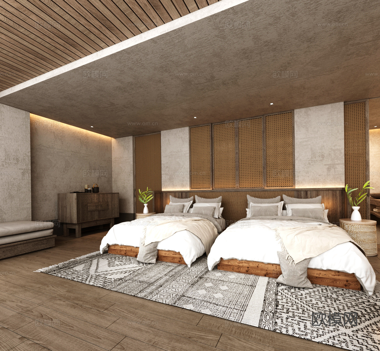 原木风酒店客房 民宿套间3d模型下载（渲染图1）