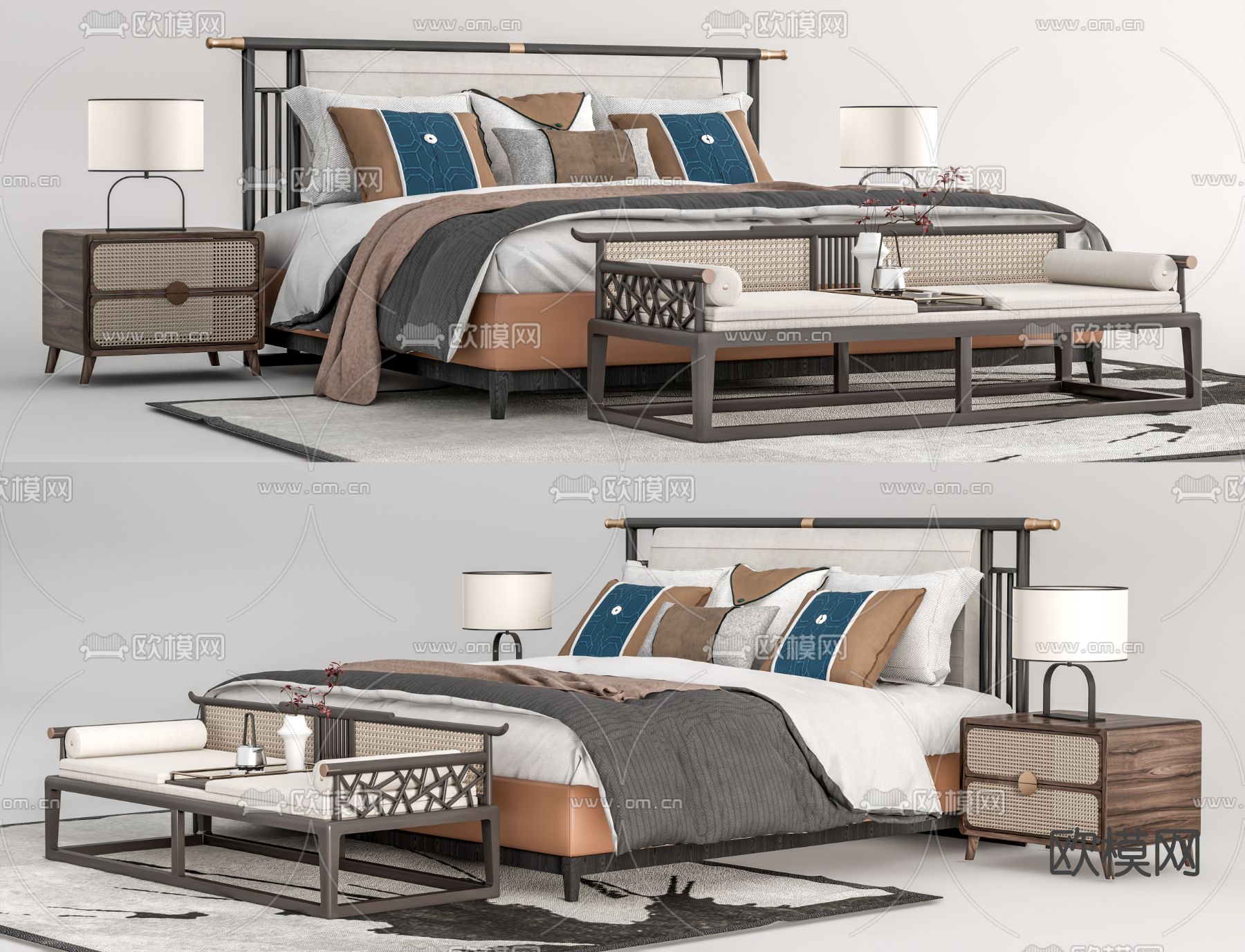 新中式双人床su模型下载（渲染图1）