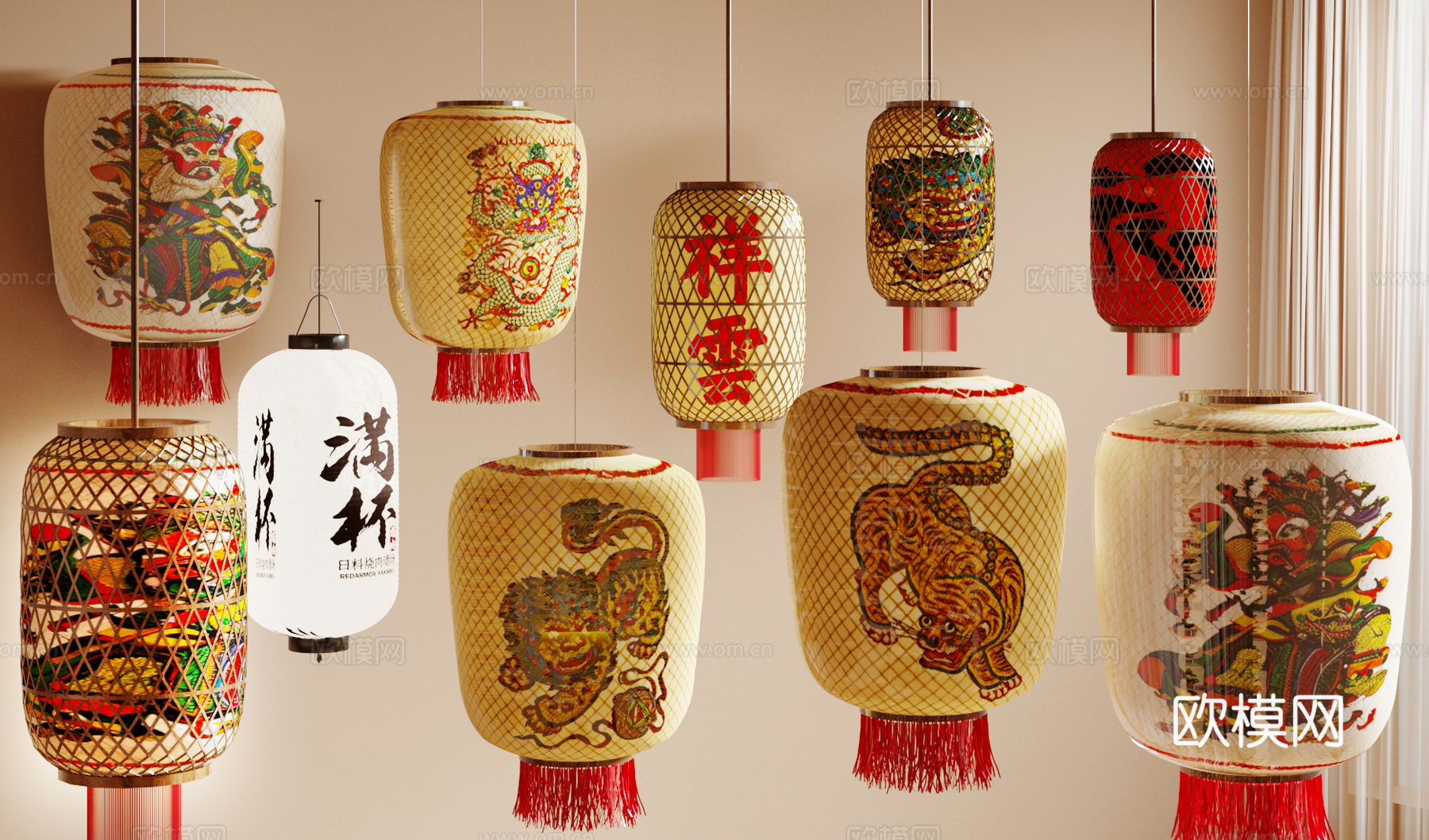 新中式禅意灯笼 潮汕风俗灯笼su模型下载（渲染图2）